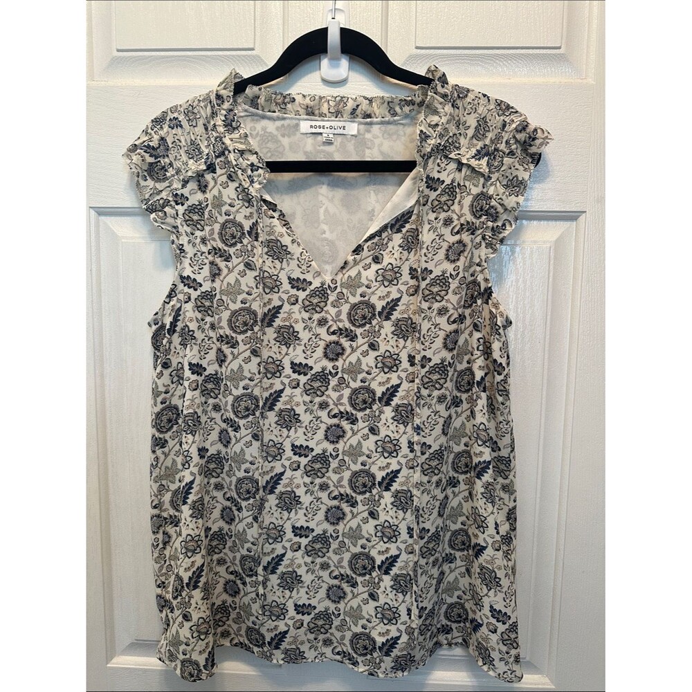 Rose & Olive Cream Green and Navy Floral Ruffle-Sleeve Camisole Size Small